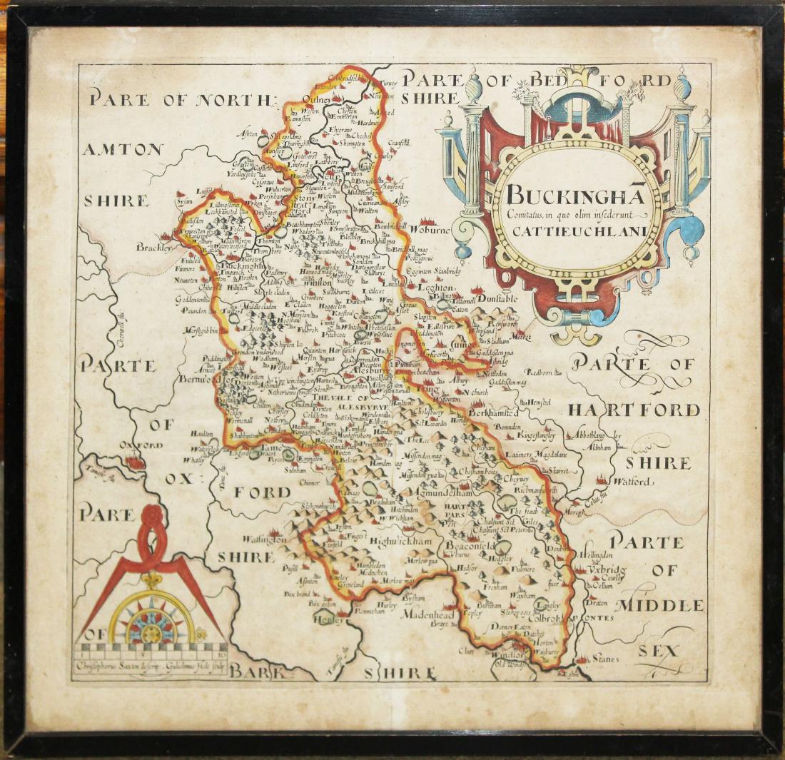 ca 1610 Wm Hale map of Buckinghamshire: ca 1610 hand colored map of Catieuchlani (Buckinghamshire) engraved by William Hale, laid paper, fold as issued, plate size 10 7/8" x 11 5/8", overall sheet size 12 1/4" x 13 1/4"