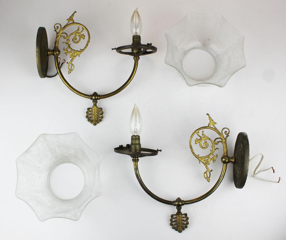 pr of 19th c gilt brass gas light wall sconces: pr of 19th c gilt brass gas light wall sconces with etched shades, electrified, valves lightly soldered tight, ht 11 1/2", shade diameter 8"