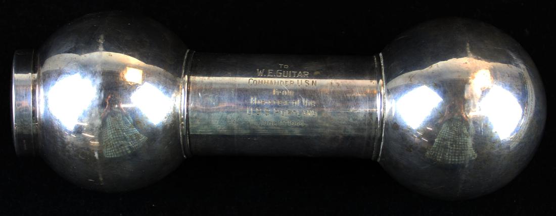 Art Deco sterling silver dumbbell cocktail shaker: unusual Art Deco Machine Age sterling silver dumbbell form martini or cocktail shaker with engraved inscription "W.E. Guitar Commander U.S.N. from the crew of the U.S.S. Portland June 1st 1944" and go
