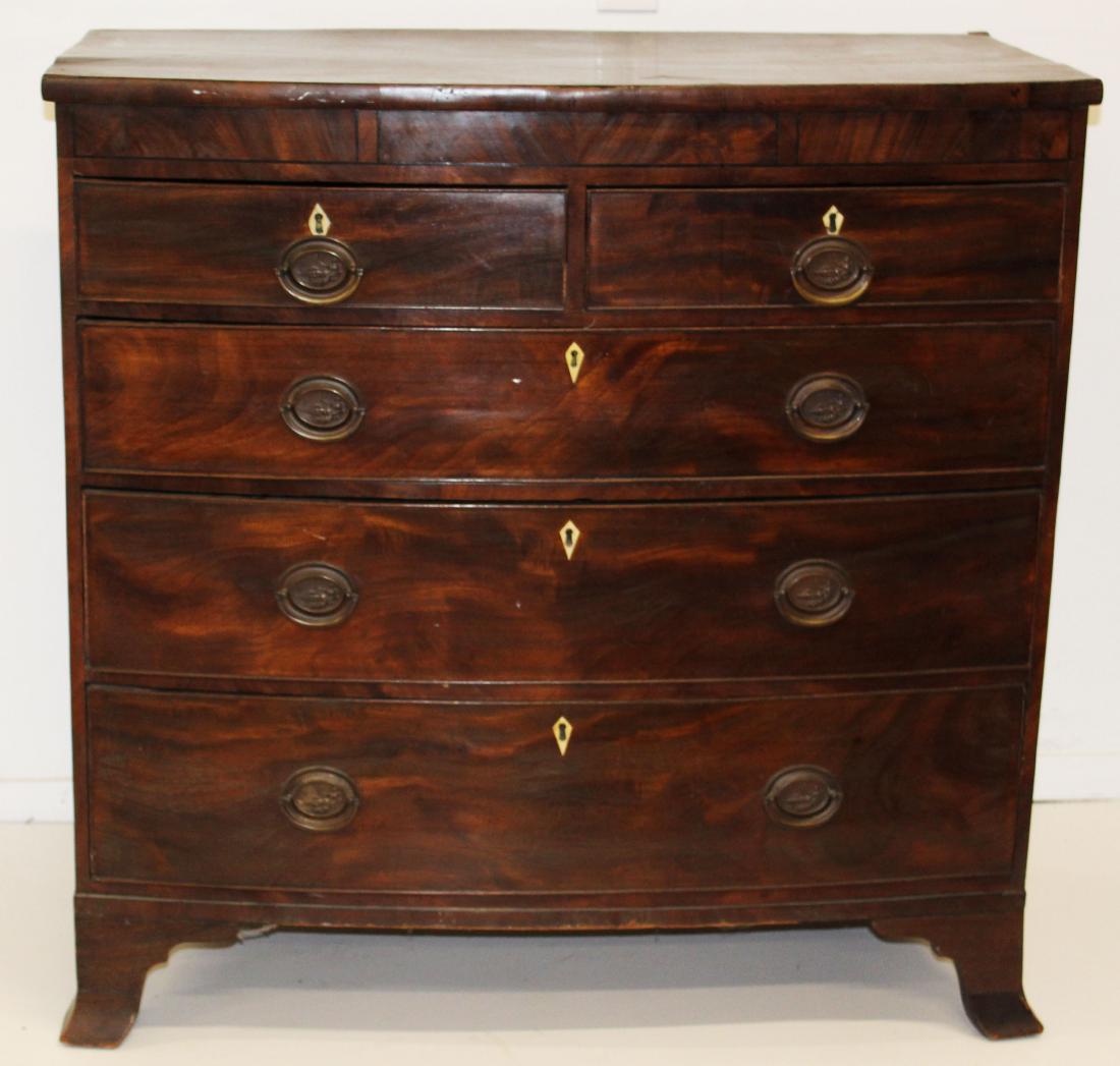 Hepplewhite mahogany bowfront chest of drawers: Hepplewhite mahogany bowfront chest of drawers, three over three drawers, French foot, width 42", depth 21 3/4", ht 42 1/2"