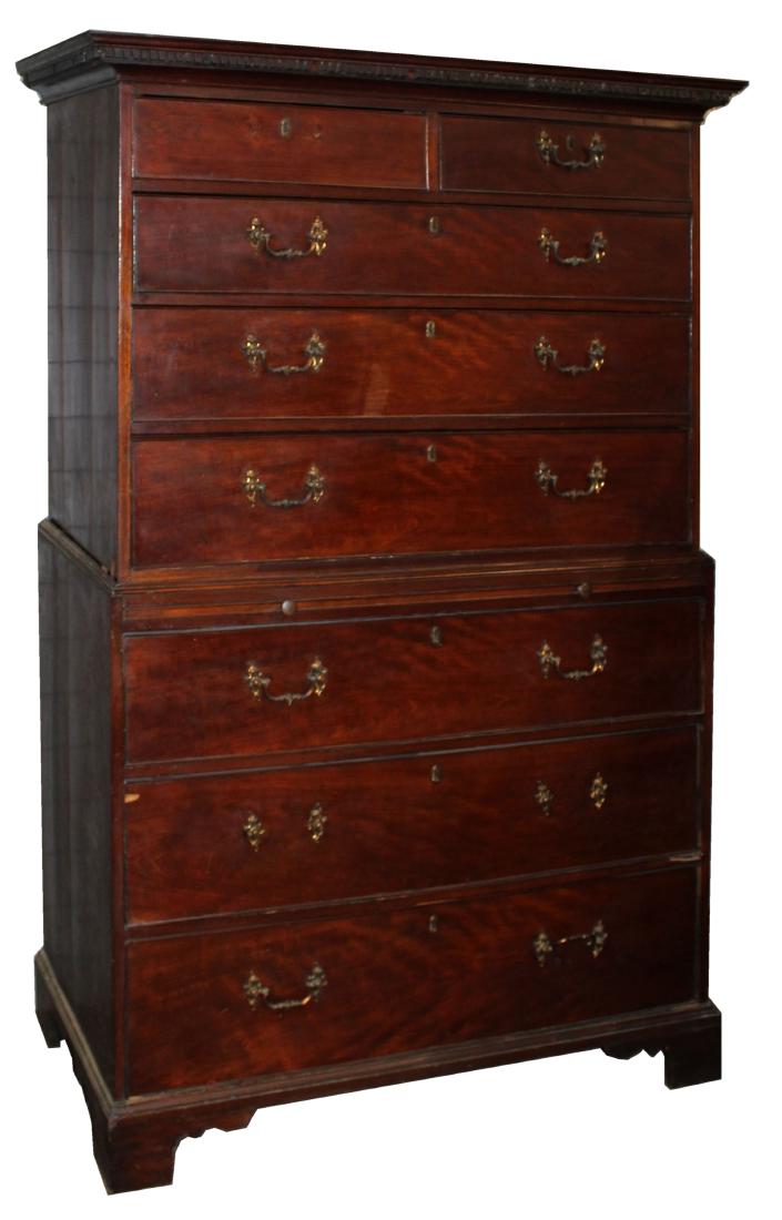 English George III mahogany chest on chest: English George III mahogany chest on chest, dentil molding, pull out writing slide, width 42", ht 69"