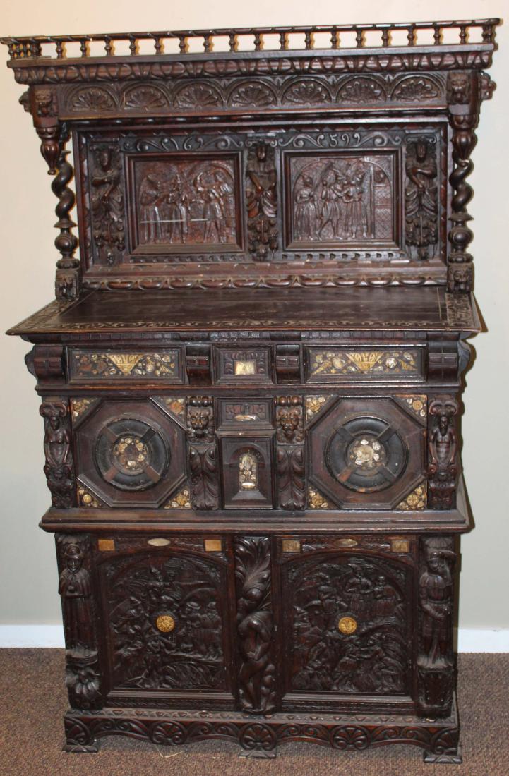 19th c European Renaissance revival sideboard: 19th century European Renaissance revival sideboard with barley twist columns, scenic panels, mother of pearl inlays some elements show greater age. 76 x 46 x 26"