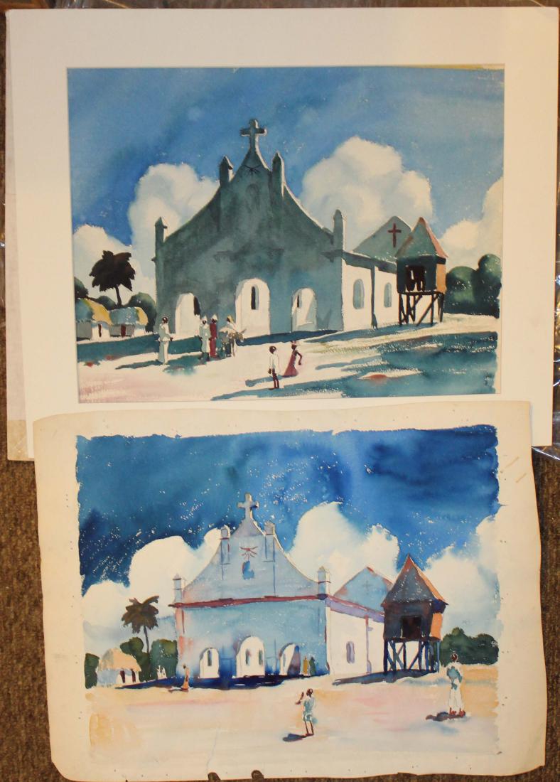 Walton Blodgett (VT 1908-1963): Walton Blodgett (Vermont 1908-1963) Two Watercolor sheets of Mission Building in tropics (One double sided) 18 x 25" unsigned but from an archive of Blodgetts work similarly presented. Ex. Lapine Coll