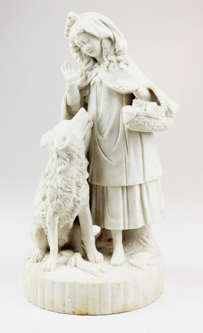 19th c. Parian figurine of little red riding hood: 19th c. Parian porcelain finely detailed figurine of little red riding hood and dog 12" x 5.5"