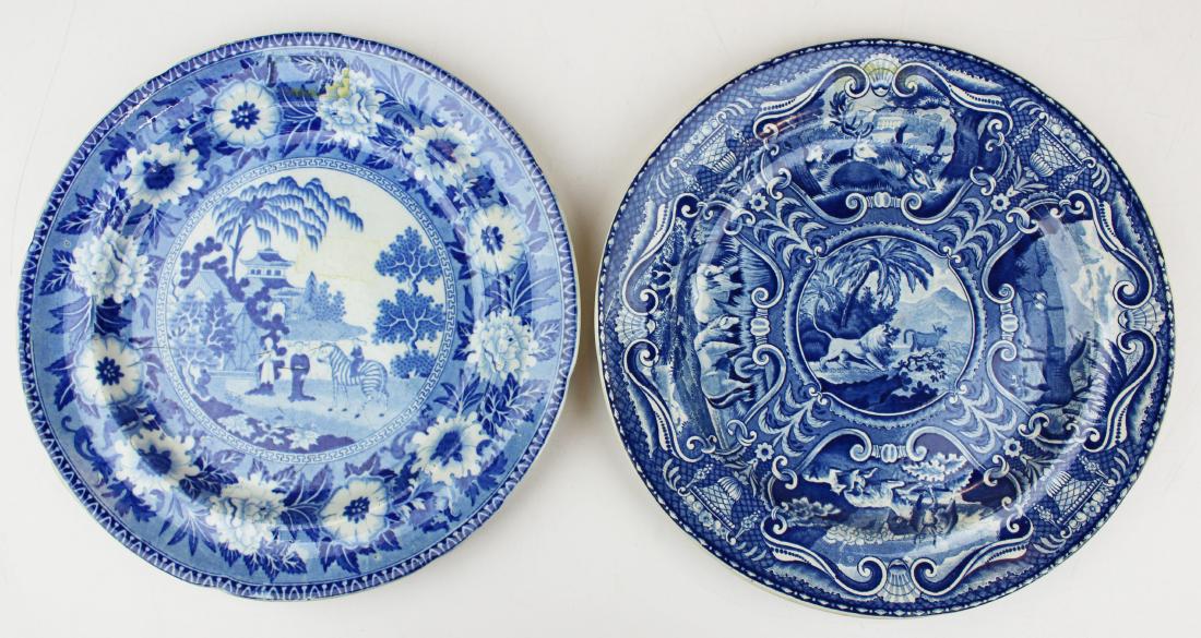 2 Staffordshire plates with quadruped decoration: 2 19th c. blue Staffordshire plates with quadruped transfer decoration including Rogers "Zebra" plate, and Hall "Quadrupeds" plate with lion in center surrounded by cartouches of other exotic animals 