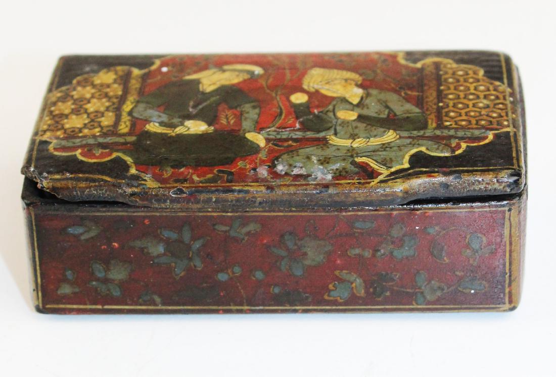 late 19th c Persian painted paper mache snuff box: late 19th c Persian painted paper mache snuff box, hand painted Made in Persia under lid, 3 1/2" x 2" x 1"