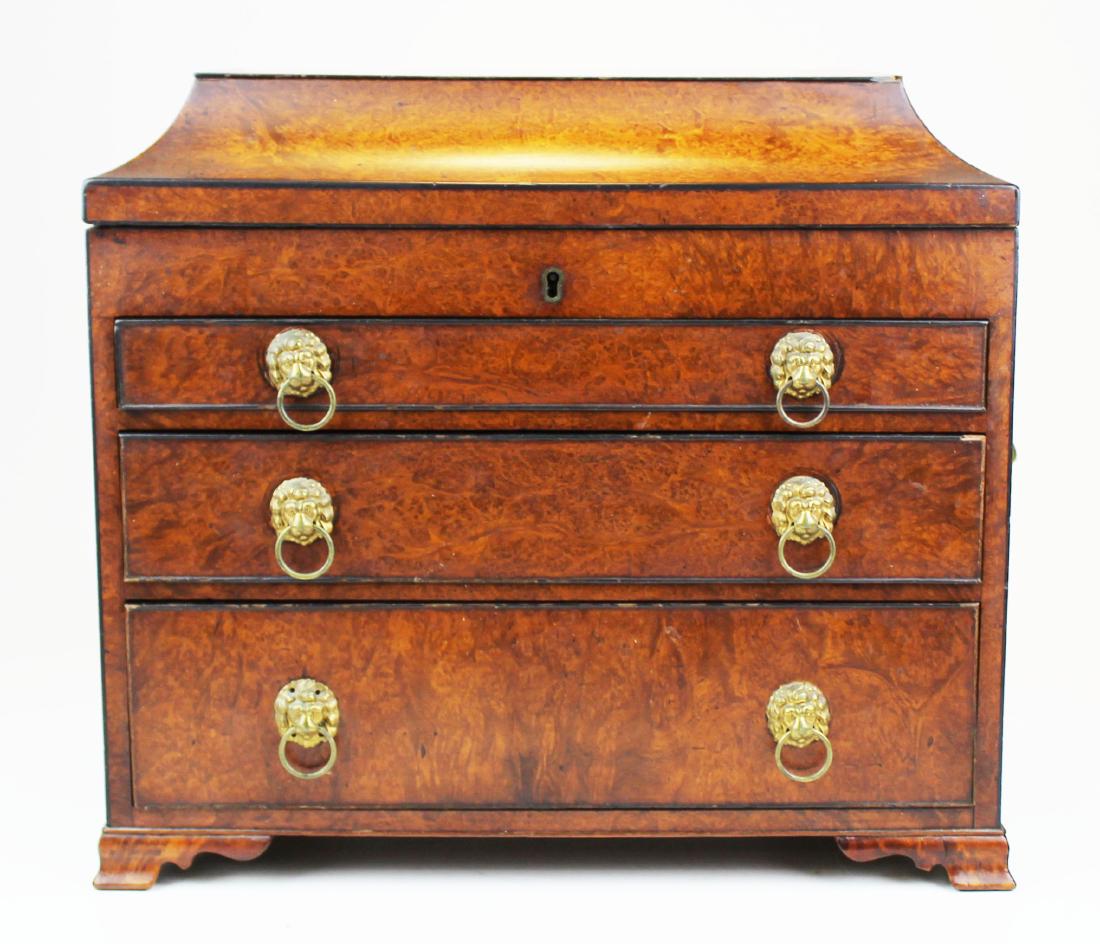 ca 1900 English ormolu mounted jewelry chest: ca 1880 English ormolu mounted burl veneered jewelry chest, lift top with three drawers, lion's head handles & drawer pulls, 15" x 10" x 13"