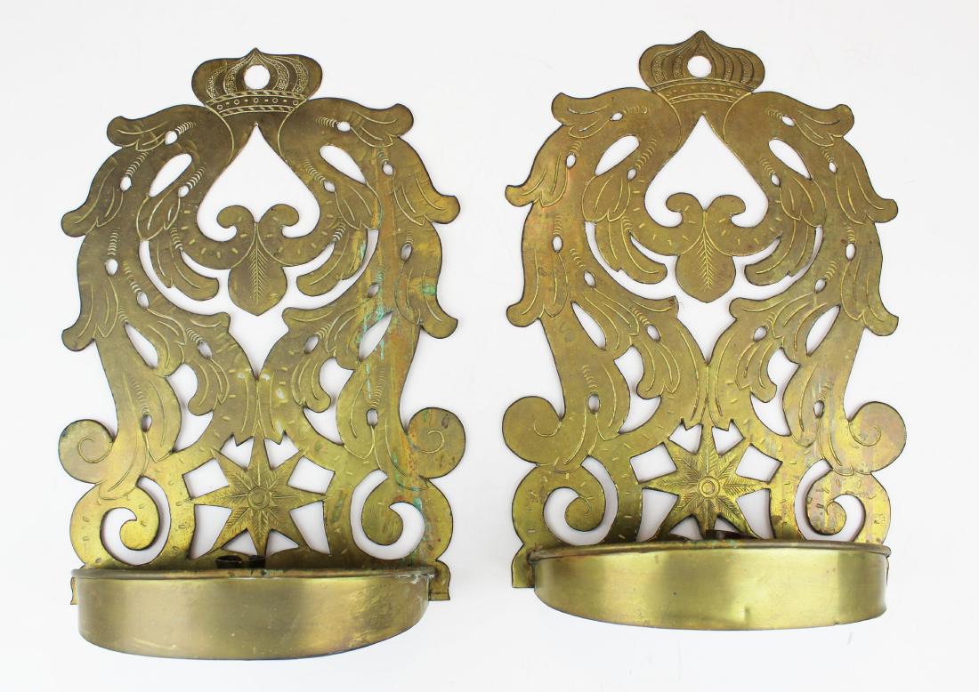 19th c Russian saucer base candle sconces: 19th c Russian brass saucer base candle sconces, engraved details, hand riveted, drilled for electricity, ht 12 1/2"