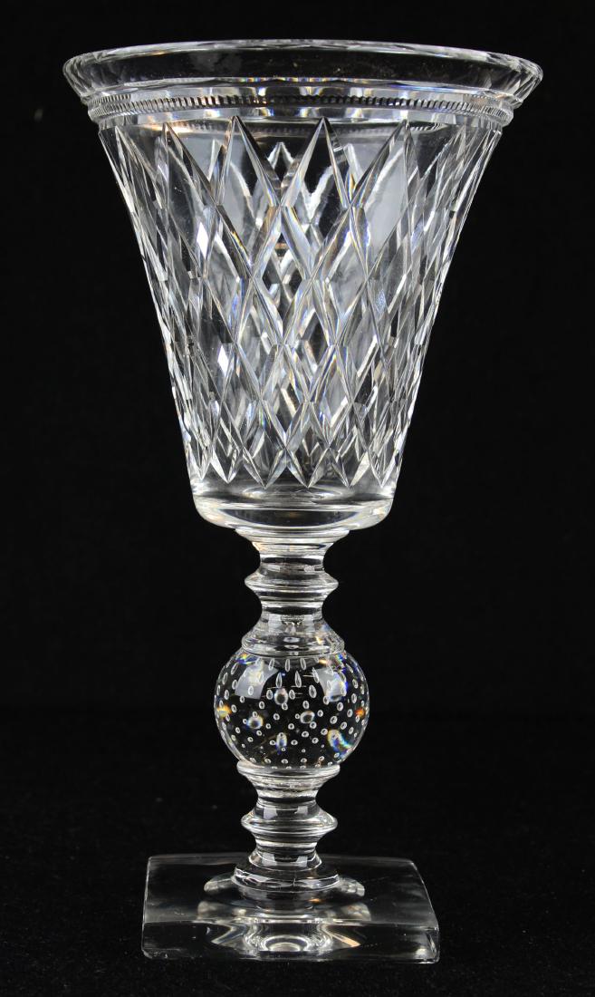 Pairpoint Adelaide cut glass footed vase: Pairpoint Adelaide pattern crystal cut glass vase with diamond pattern sides on square blown applied base with air bubble knob 12" x 6.5"