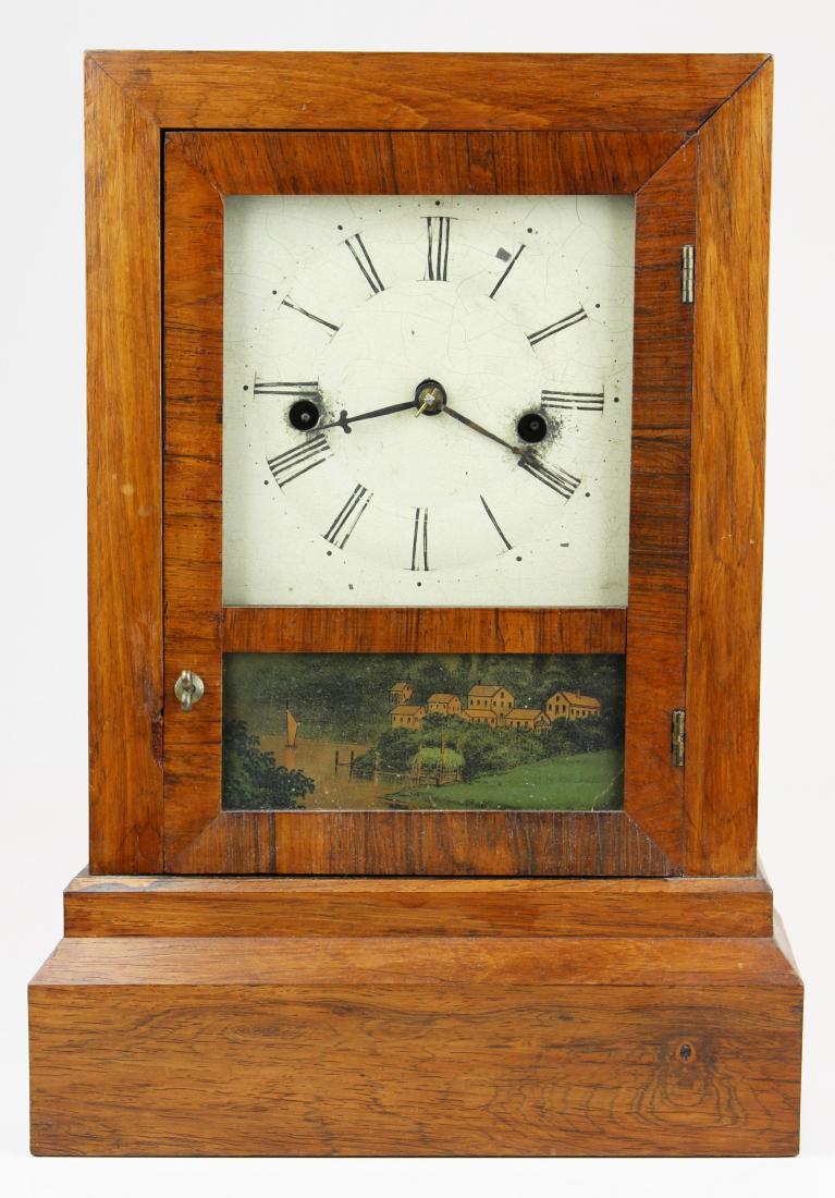 Terry & Andrews 30 hour shelf clock: Terry & Andrews, Ansonia, CT mahogany shelf clock, 30 hour brass movement, painted tin face, ht 15 1/4"