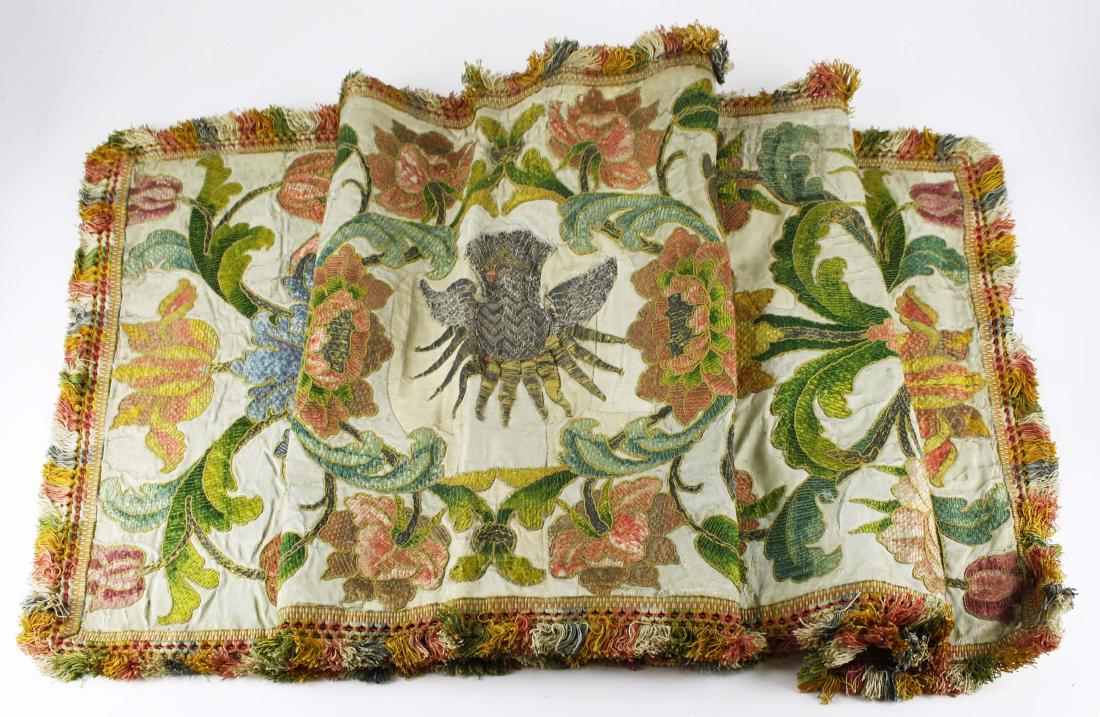17th c Elizabethan altar front with dove: 17th c Elizabethan altar front, symbols of the Trinity including the dove, the sun, & the triangle, metallic thread & silk with overstitching, re-backed w/ silk, 1' 9" by 7' 1"(age is an estimate)