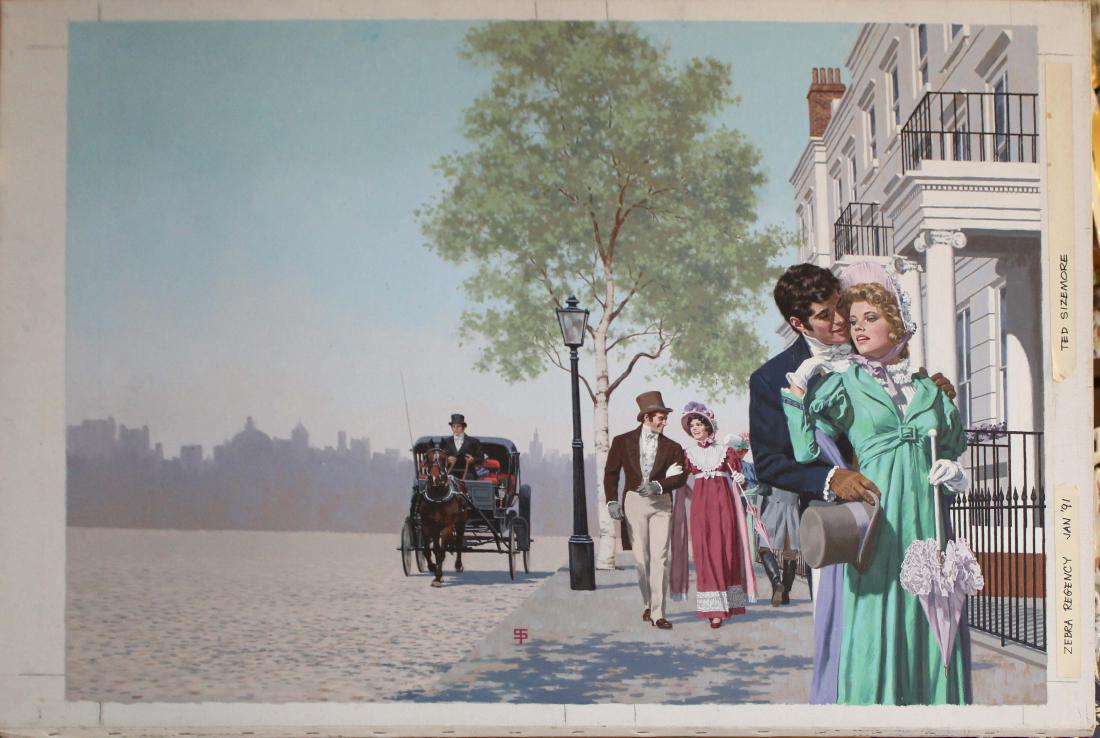 Ted Sizemore (AM 20th C) Changes of Heart: Ted Sizemore (American 20th c) Changes of Heart oil on canvas illustration for Zebra Regency Romance Novel by Julie Callie monogrammed lower center- Retaining Graphite registration marks, and masking 