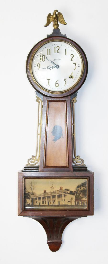 Sessions Mt Vernon banjo clock: Sessions Mt Vernon banjo clock, silhouette of George Washington, hand colored photo of Mt Vernon, ht 29 1/2"