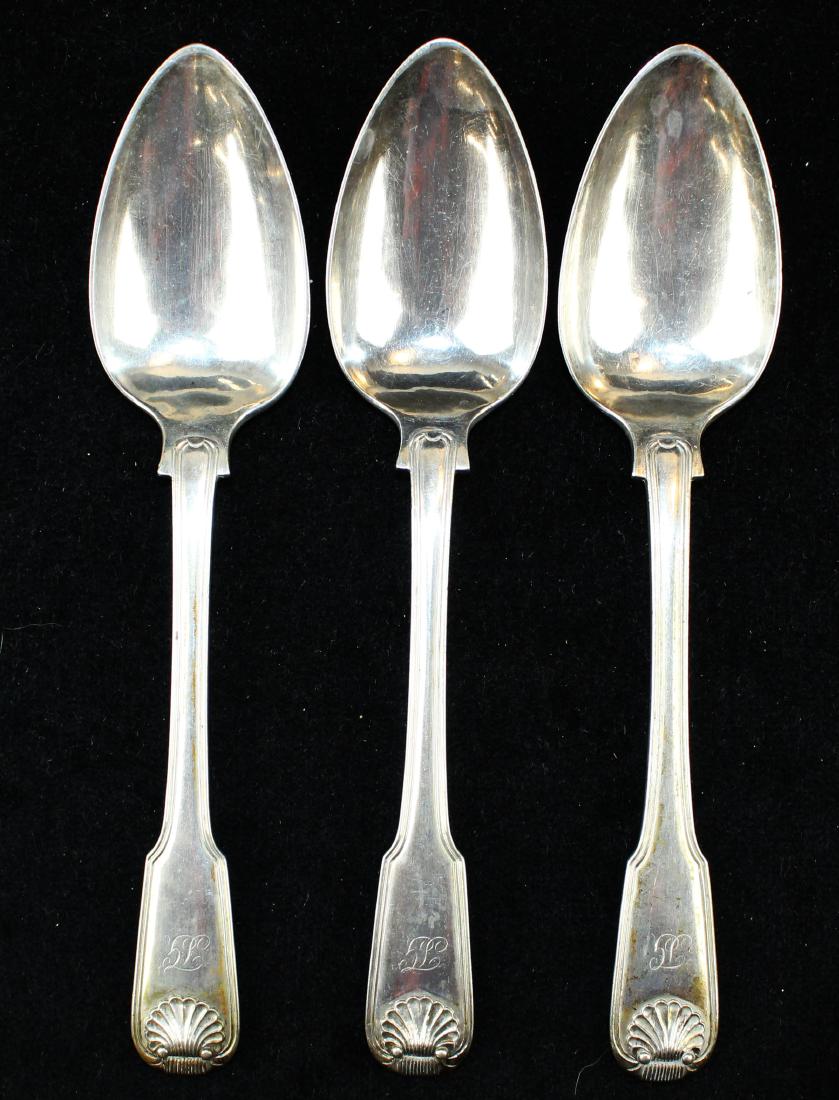 3 Georgian shell silver tablespoons with pseudo: 3 Georgian shell silver tablespoons with pseudo English hallmarks, undetermined silver content, appears to test as 800 silver 2" x 8.75" 10.6 troy oz. estimated
