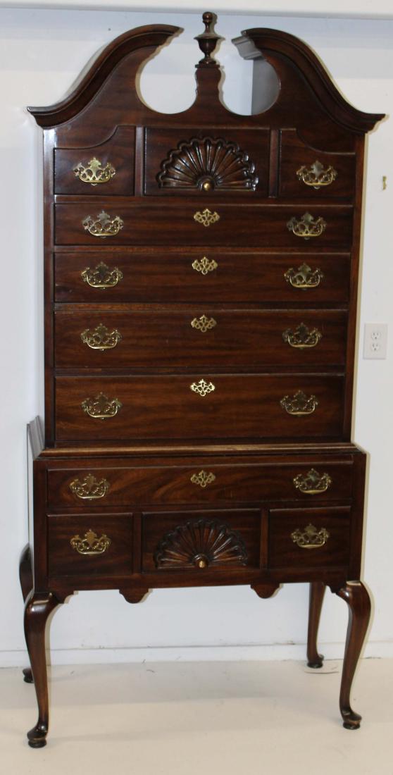 Drexel Chippendale style bonnet top highboy: Drexel Furniture Company Chippendale style mahogany bonnet top highboy, broken arch pediment, case width 39 1/2", ht 84"