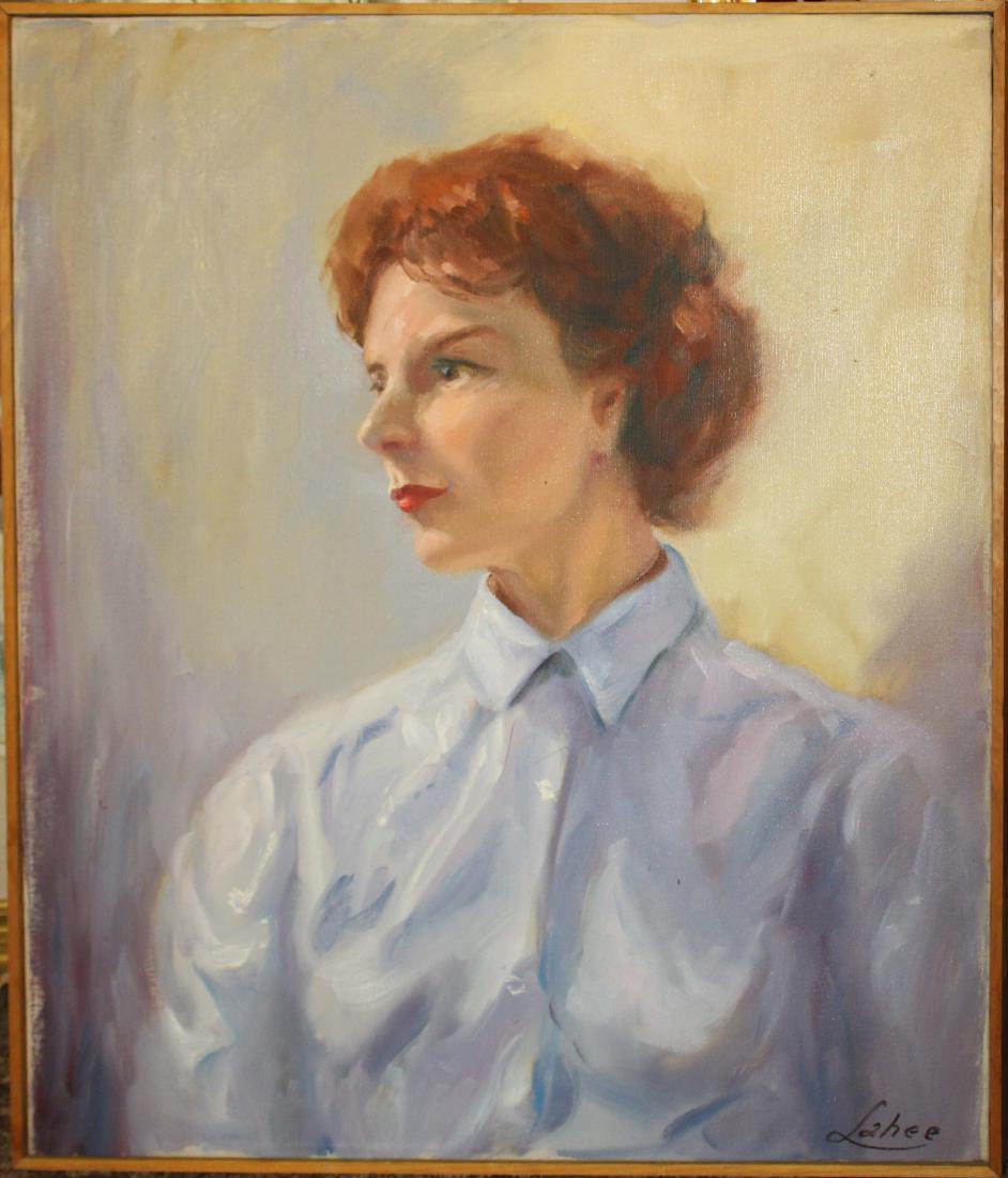 Arnold Warburton Lahee (VT 1888-1977): Arnold Warburton Lahee (Vermont 1888-1977) Portrait of Charlotte Saunders identified reverse signed lower right oil on canvas 24 x 20"