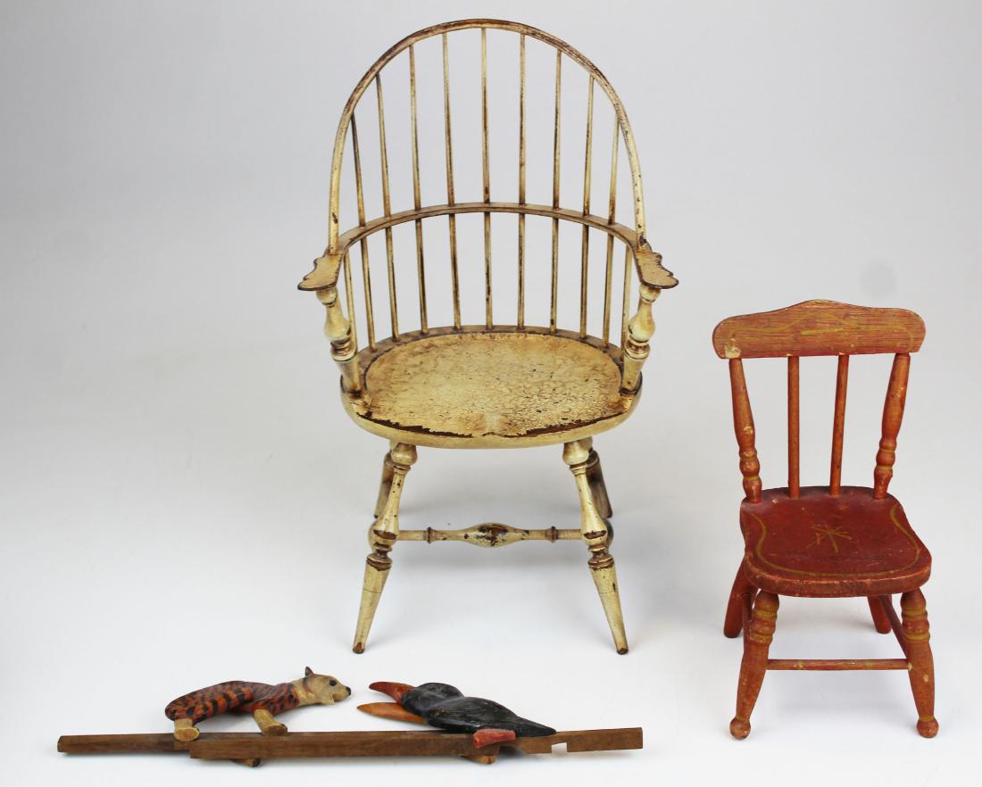doll chairs, French carved & painted wooden toy: two doll chairs, including Riverbend Chair Co West Chester, PA sack back Windsor armchair, & a French carved wooden mechanical toy marked Depose on reverse, hts/ lengths 8 1/4" to 13 1/2"