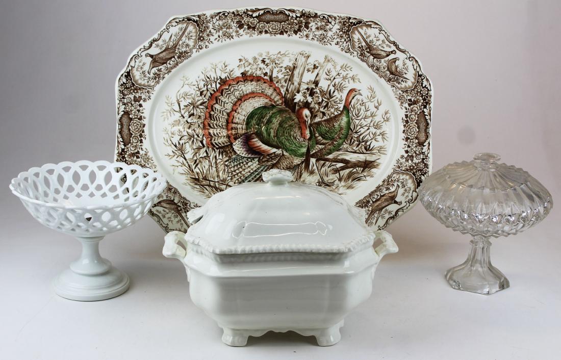 porcelain and glass including Spode tureen: lot including Spode creamware tureen with gadrooned rim, Johnson Brothers polychrome transfer decorated turkey platter, Paris Porcelain reticulated compote, pattern glass covered compote