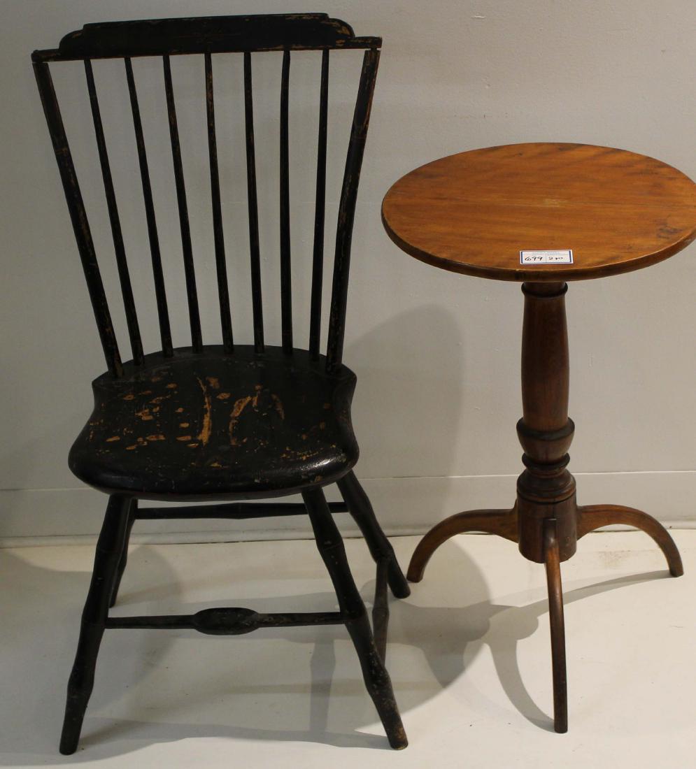 Windsor side chair, candlestand: step down bamboo Windsor side chair, Queen Anne candlestand (restorations to top & one leg), stand ht 26 3/4"