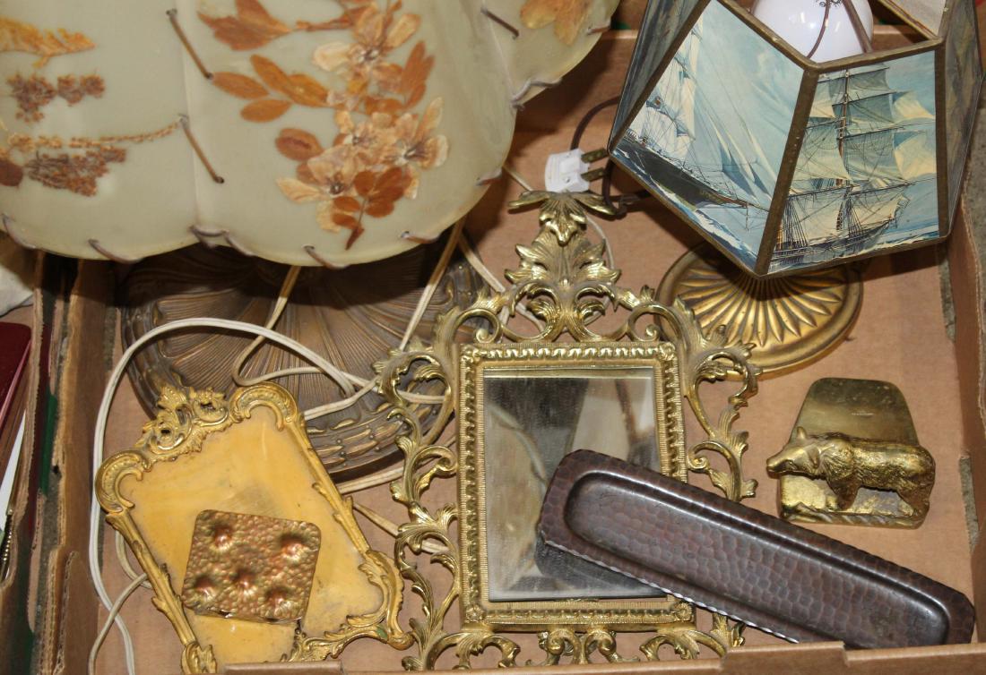 brass, lamps, copper including Roycroft: brass frames, doorstop, table lamp, boudoir lamp, signed Roycroft hammered copper pen tray, Apollo Studios stamp box (7 pcs)