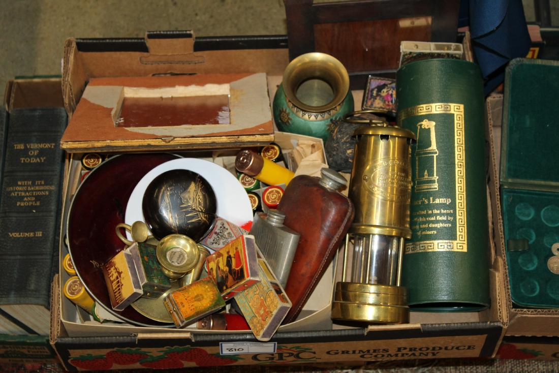 misc smalls, including brass miner's lamp: misc smalls, including oil on board, brass miner's lamp, pocket flasks, Armagnac shotgun shell cognac bottles, etc