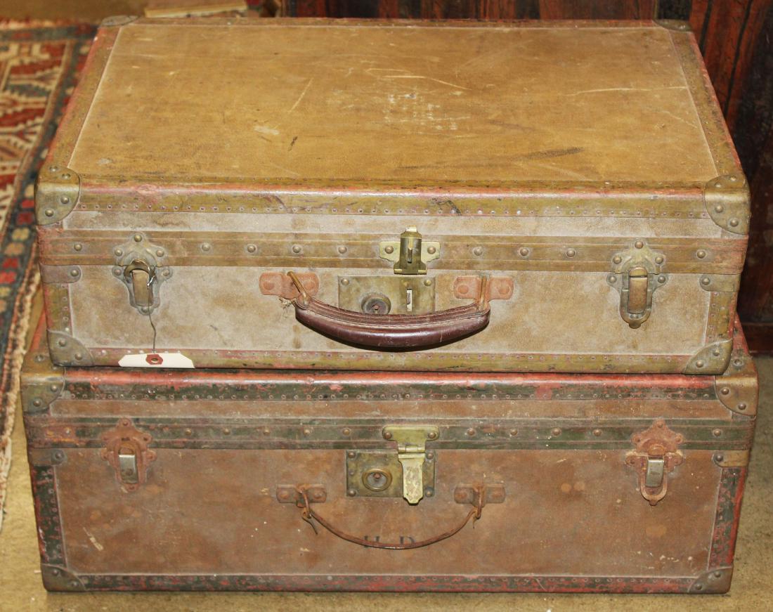 two pieces of vintage Moynat, Paris luggage: two pieces of vintage Moynat, Paris luggage, one handle damaged, mold & musty smell, lengths 22", 24"