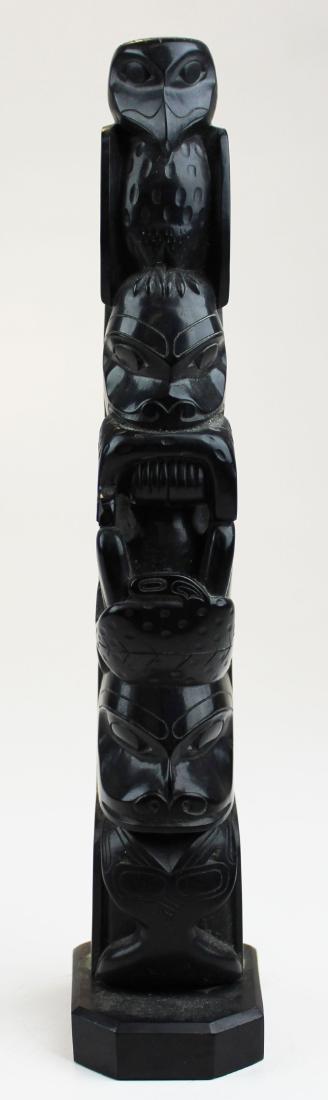 Haida argillite totem by Norman Price: Haida argillite Northwest Coast totem carving signed Norman Price, Skidegate, Q C Island (Queen Charlotte Islands, British Columbia), ht 10 3/4"