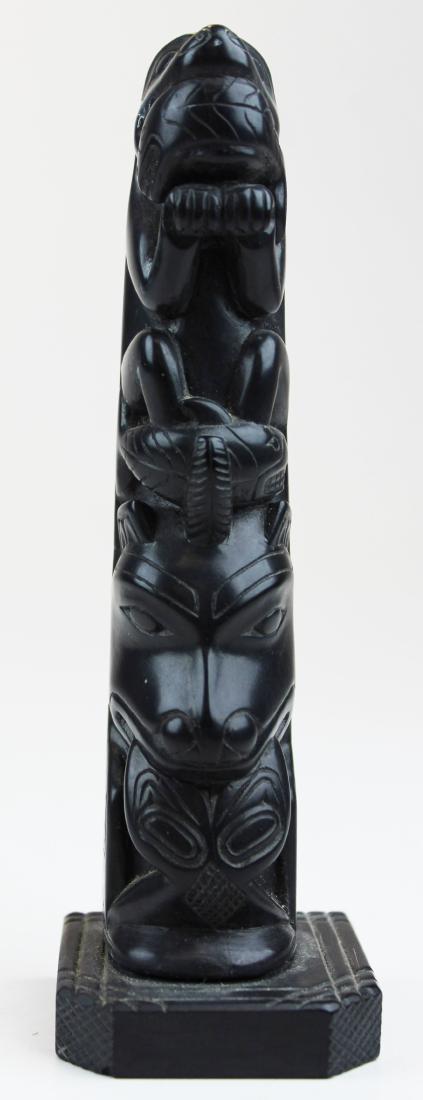 Haida argillite totem by T Pearson: Haida argillite Northwest Coast totem carving signed T Pearson (Haida Tribes) Skidegate Mission QCI, BC (Queen Charlotte Islands, British Columbia), ht 6 1/4"