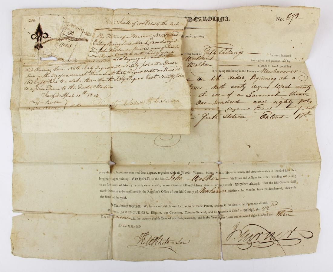 1803 New Hanover North Carolina deed: 1803 State of North Carolina Newhanover 100 acre land grant, for 50 shillings, to John Walker, signed by Governor James Turner & William White Secretary, with small hand drawn ink map attached, folds,