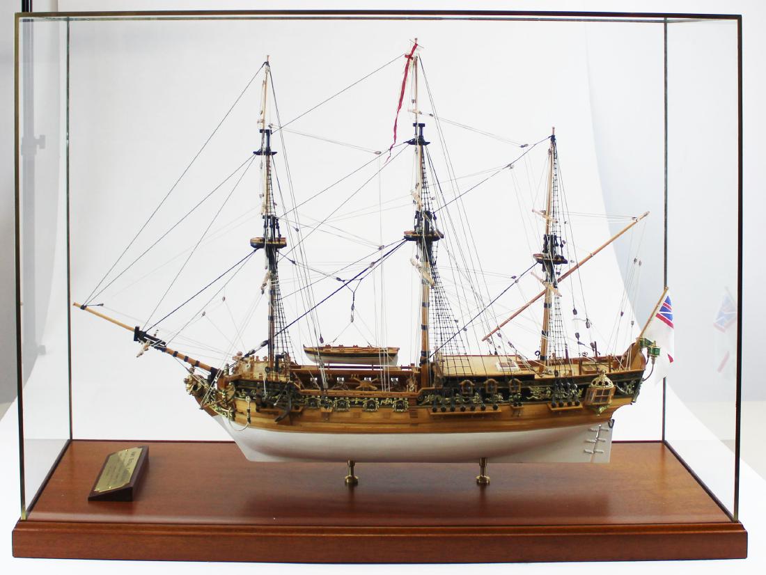 cased ship model of the Royal Caroline: Royal Caroline cased ship model, custom glass display case & highly detailed ship model. HMY Royal Caroline was originally a 20-gun sixth rate launched in 1700 as HMS Peregrine Galley. She was employe