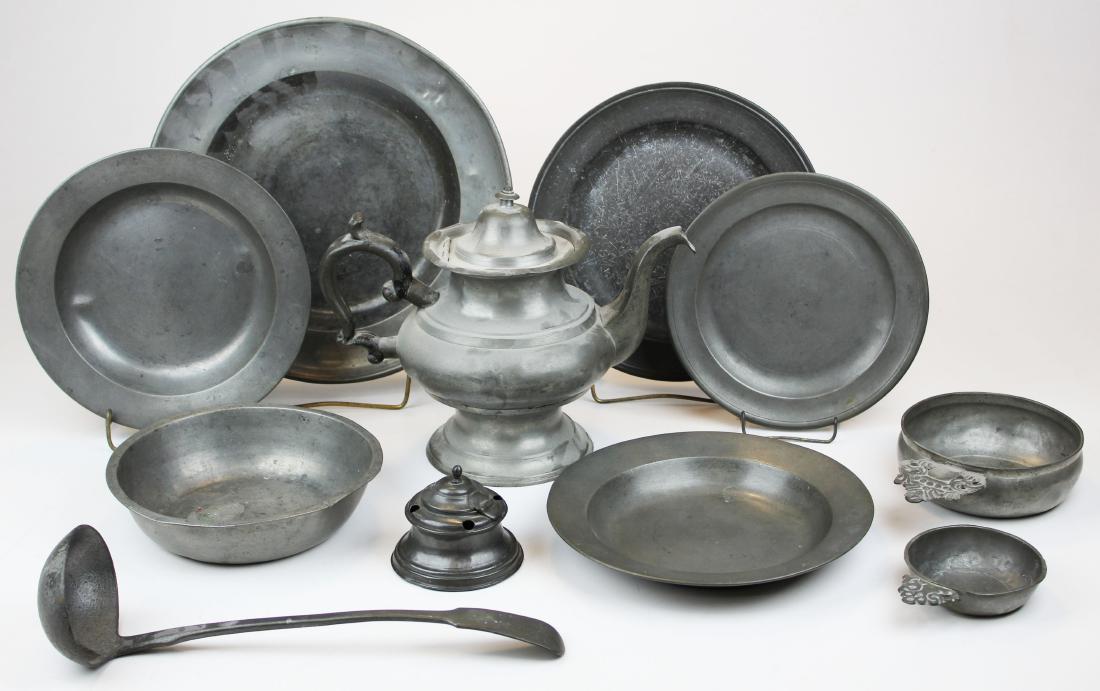 19th c pewter including W Humiston teapot: 19th c pewter including Willis Humiston, Troy, NY tea pot, Baptist church collection plate with note on the demise of the donor, etc