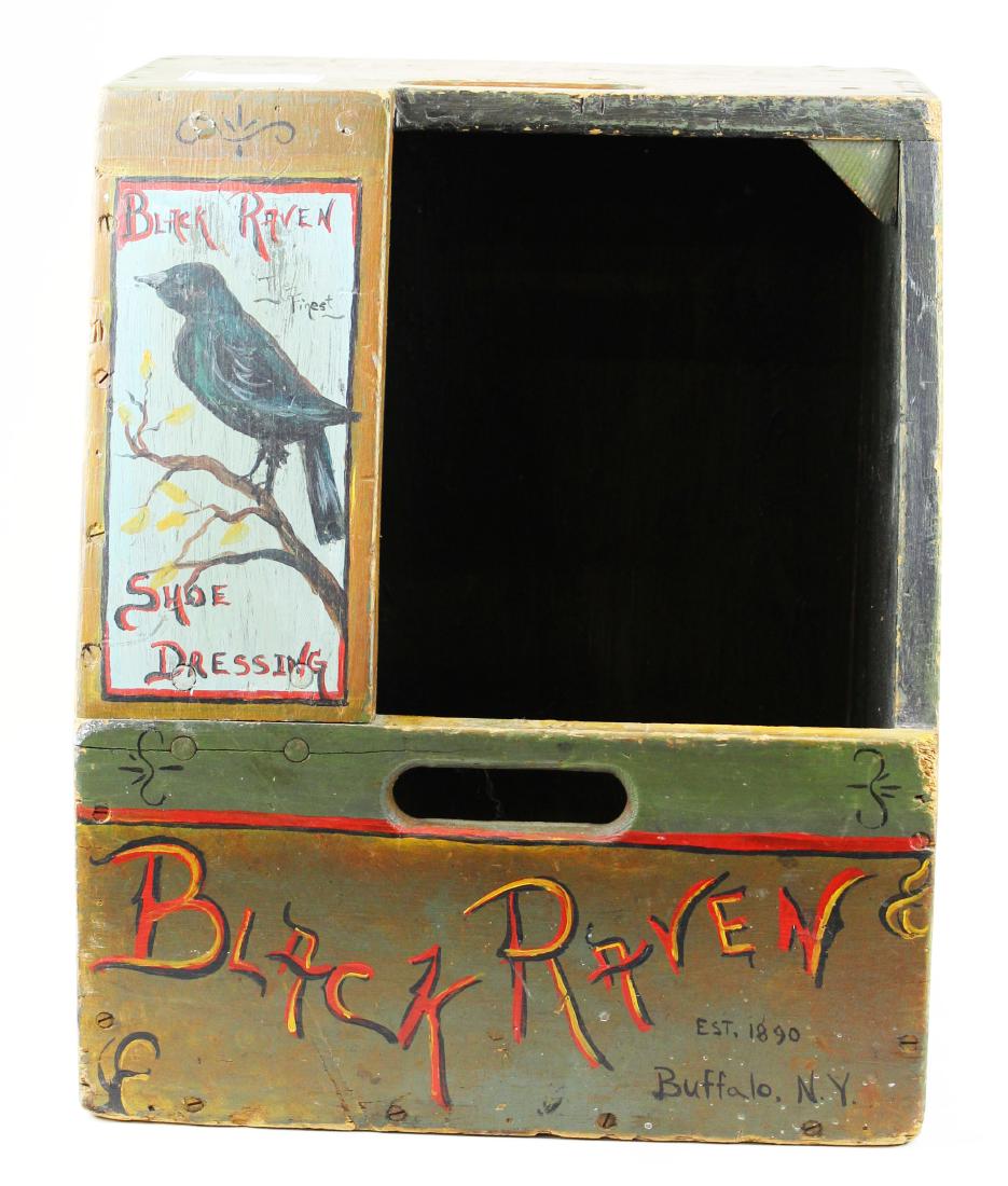 Black Raven Shoe dress box: Folk art paint decorated shoe box. Slant front box with opening and side panel with paint decorated black bird, name stenciled sides. 18" h x 15" w.