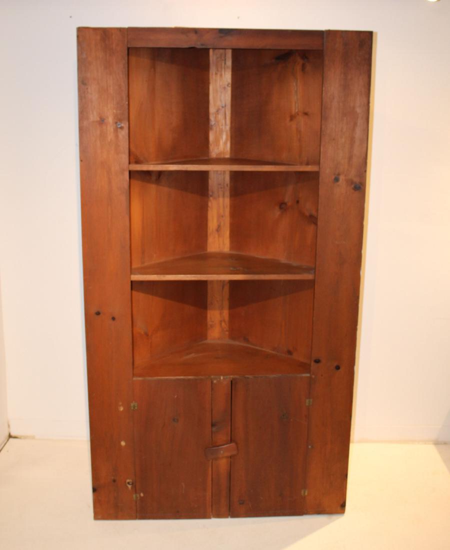 Late 20th c Handmaid Pine Corner Cupboard: Handmade pine corner cupboard, "Made by Roy A. Spooner October 1984 for Mary Jane, his "dear" wife of 35 years. Front side 42", Height 78", Depth 19" Wall sides 27"