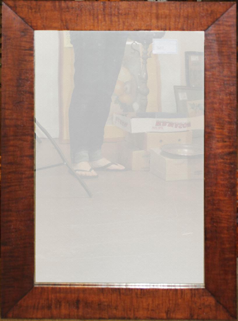 19th c tiger maple frame mirror in old finish: 19th c tiger maple frame mirror in old finish, image 18" x 28", overall size 33 3/4" x 23 3/4"
