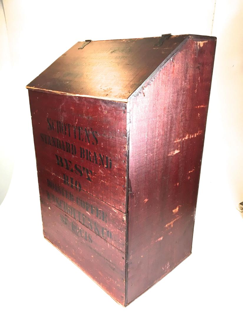 Schotten's Rio Roasted Coffee store bin: early 20th c Schotten's Rio Roasted Coffee painted & stenciled wooden store bin, ht 33" x 21" x 15"