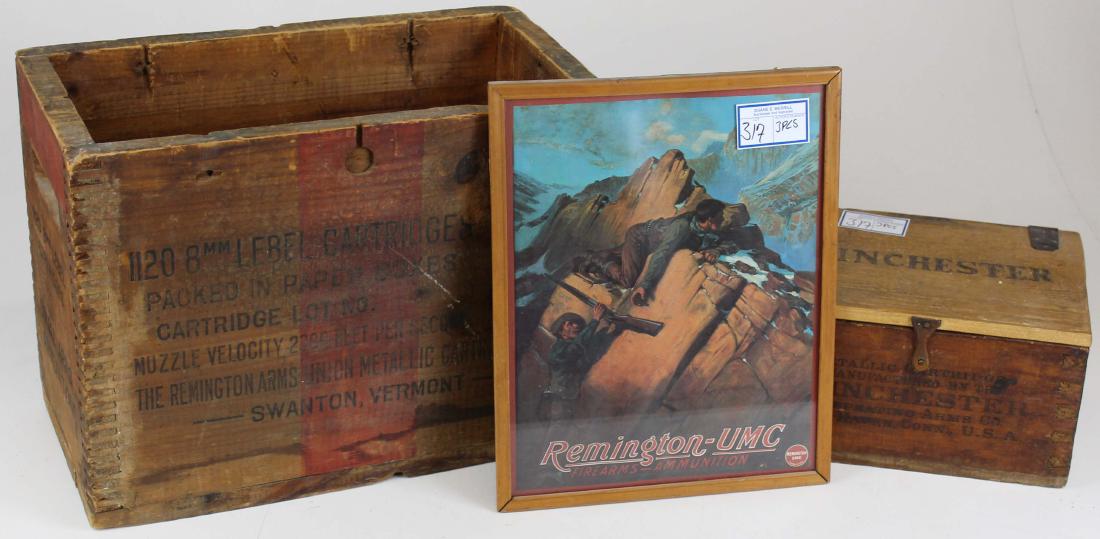 Two Ammunition boxes: Remington Arms Metallic Cartridge Crates 1120 8mm Lebel Cartridges Swanton VT (This is ammo for the Hotchkiss Machine gun) , Winchester repeating arms box, Remington Arms