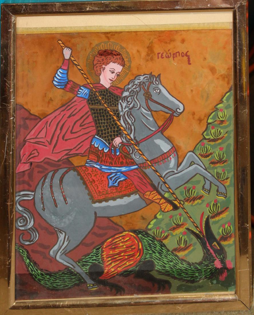 20th c Russian School Icon: 20th century Russian School Icon "St George and the Dragon" egg tempera on board 13 x 11"