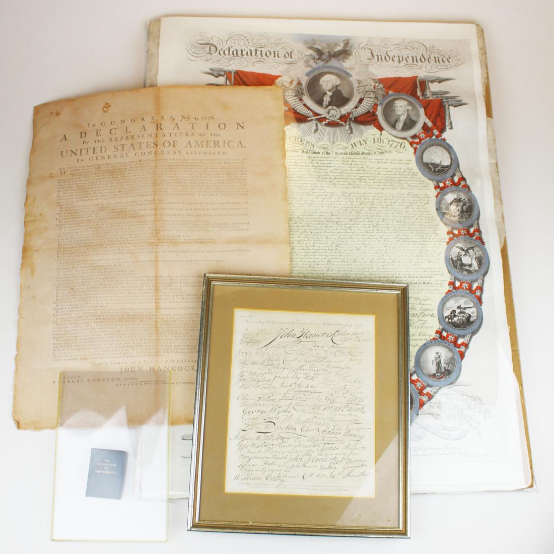 United States Declaration of Independence pcs: 1819 copy of signers' signatures, facsimile copy of the Declaration of Independence, 1970 miniature leather bound book, 1976 Bi-centennial ltd #'d 703- 1000 poster, 2 1/2" x 1 3/4" to 30 1/4" x 21"