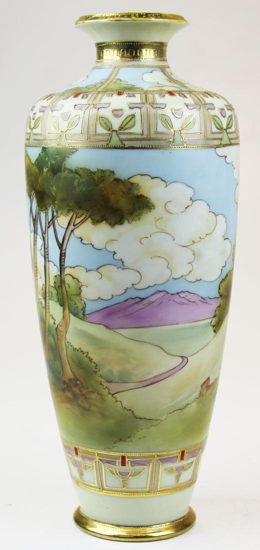 Nippon handpainted scenic porcelain vase: fine ca. 1910 Nippon handpainted forest and mountain landscape scenic porcelain vase with gilt raised enamel accents 13.5" x 5.5"