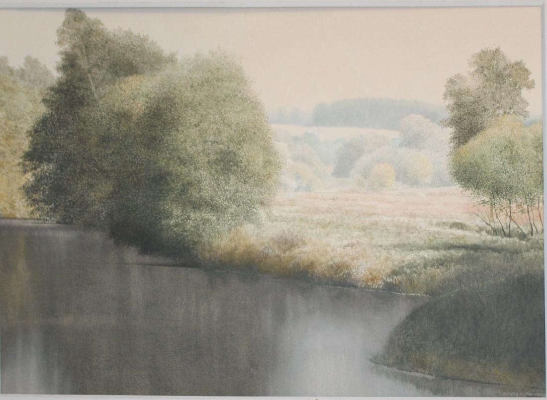 J Wayne Bystrom (Am 20th c): J Wayne Bystrom (American 20th c) Landscape with stream oil on masonite 24 x 34"