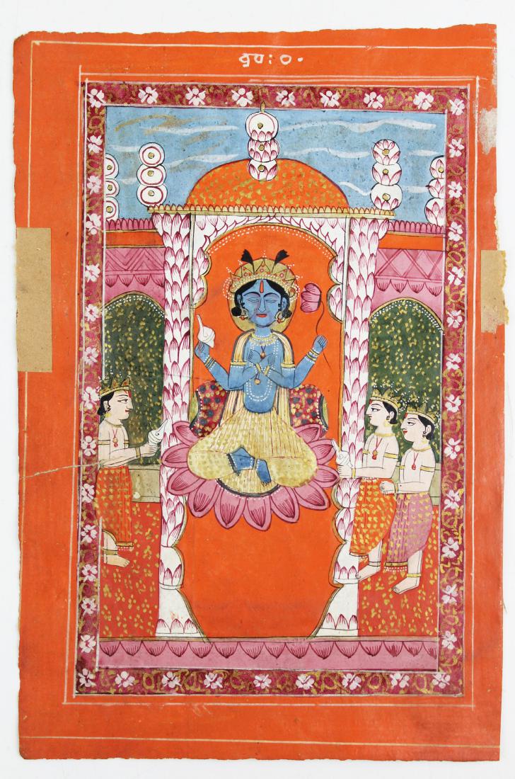 19th c India Hindu gilt illustration of Krishna: 19th c India gold gilt book illustration of the Hindu God Krishna, 7 1/2" x 5"