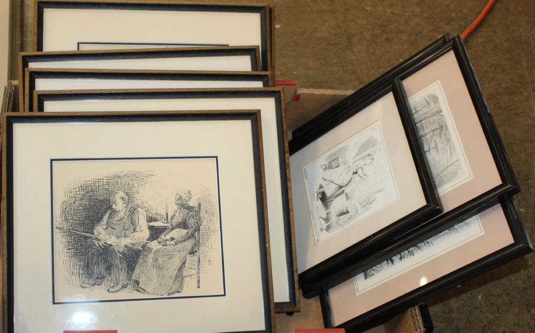 Rachel and Rowland Robinson Prints: Six Rachel Robinson Prints including Cleaning the Gun, Hollyhocks, School lesson etc, Three Rowland Robinson Prints including "Still Hunting Deer", "In the Woods", "Washing"
