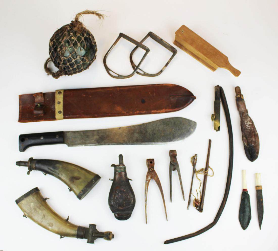 Lot of Hunting and outdoor accessories: Lot of hunting and outdoor accessories- 1945 Collins Legitamus Machete, Powder horns and shot flasks, bullet molds, stirrups, turkey call etc.