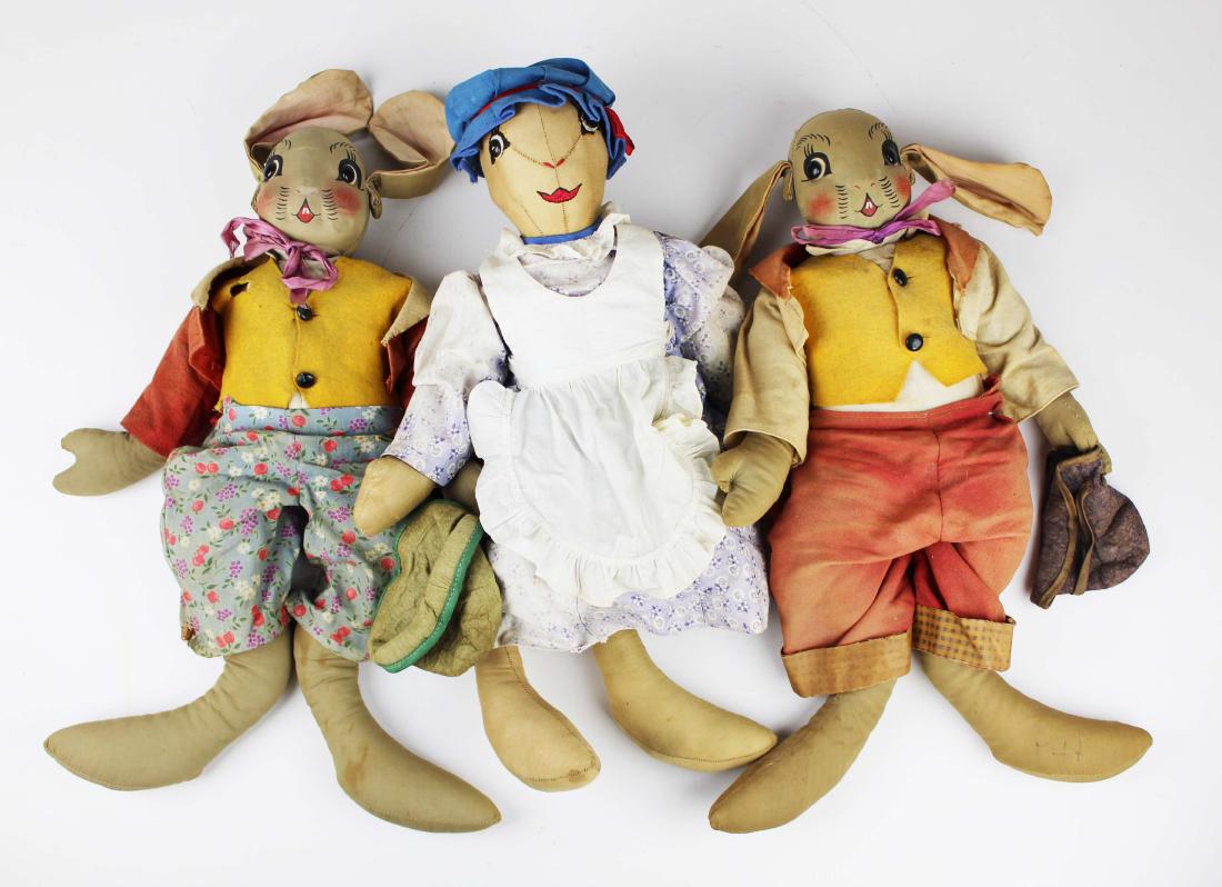 vintage Uncle Wiggily Georgene Averill dolls: three vintage Uncle Wiggily cloth dolls by Georgene Averill, Nurse Jane is hand stitched with embroidered lips, hts 18"