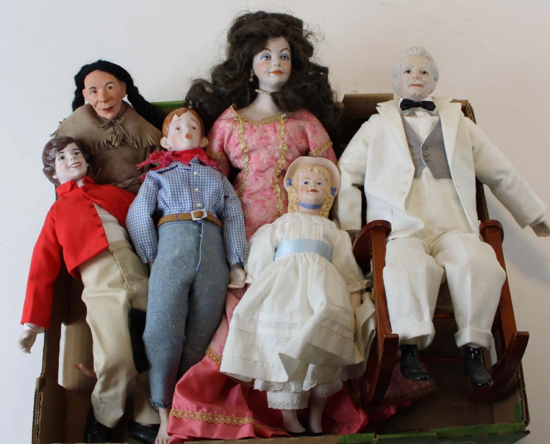 Maggie Head Kane, Janet E Masteller dolls: Maggie Head Kane NIADA doll artist dolls (6 pcs)- Mark Twain, etc, 15" to 19", sold with Janet E Masteller (UFDC artist) Miss Liberty, Mary K Brouse Gibson Girl, "Abigail Adams" porcelain bisque dolls