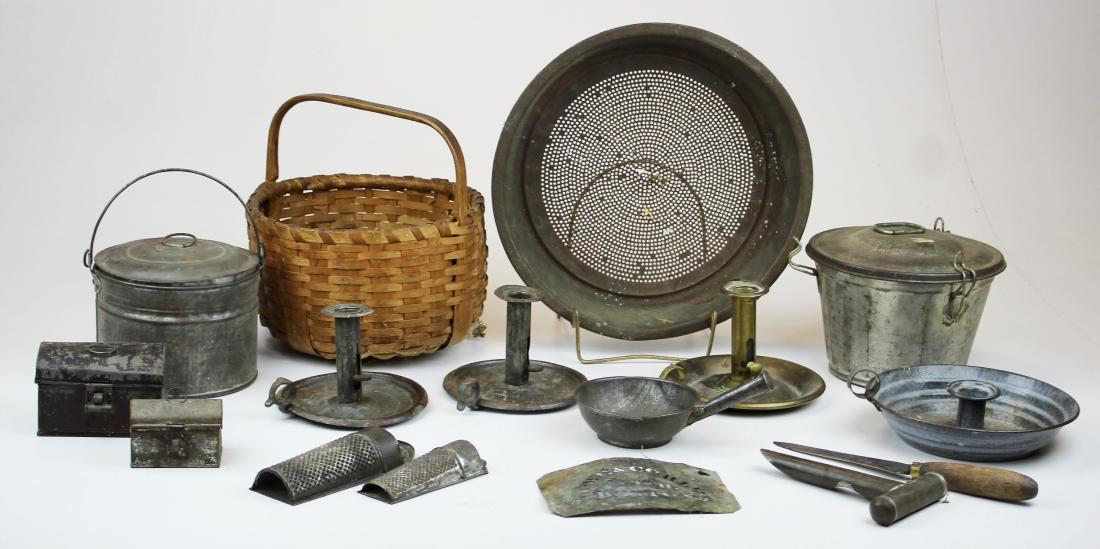 tin, brass, enamel kitchenware, candlesticks: tin, brass, enamel kitchenware, candlesticks, C H Mann, Waterville, VT knife, Boston stencil, etc