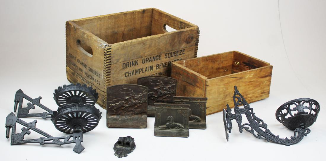 Burlington soda box, bookends, lamp brackets: Orange Squeeze, Champlain Beverages, Burlington, VT wooden soda box, 2 pr bookends, 2 bracket lamp brackets