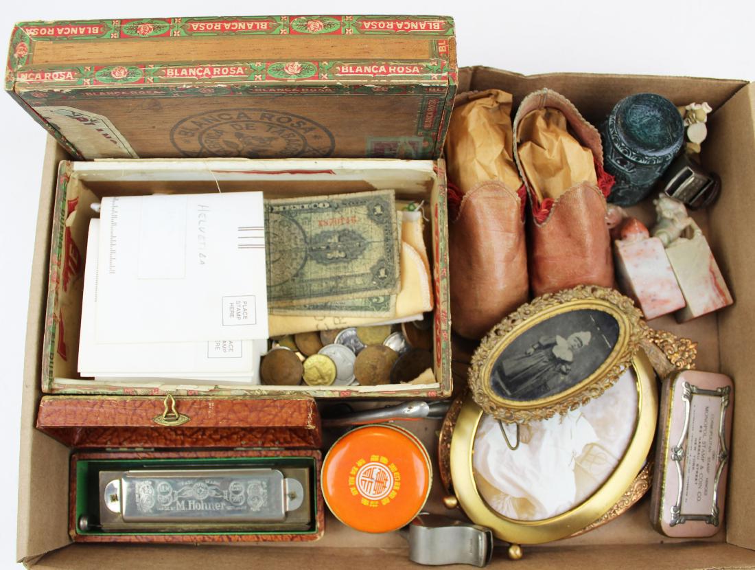 lot of various smalls, coins, frames, seals: lot of various smalls including pair of Chinese carved stone seals, 3 brass frames, leather childs shoes, mud man figurine, harmonica, police whistle, foreign currency cand coins, notary seal, 2 cigar