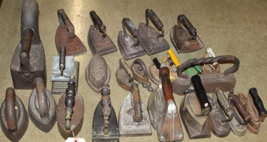 collection of antique flat irons: collection of antique flat irons including coal heated, soapstone, gasoline powered, tailors irons, child's irons, pleat crimper, trivets 29 pcs.
