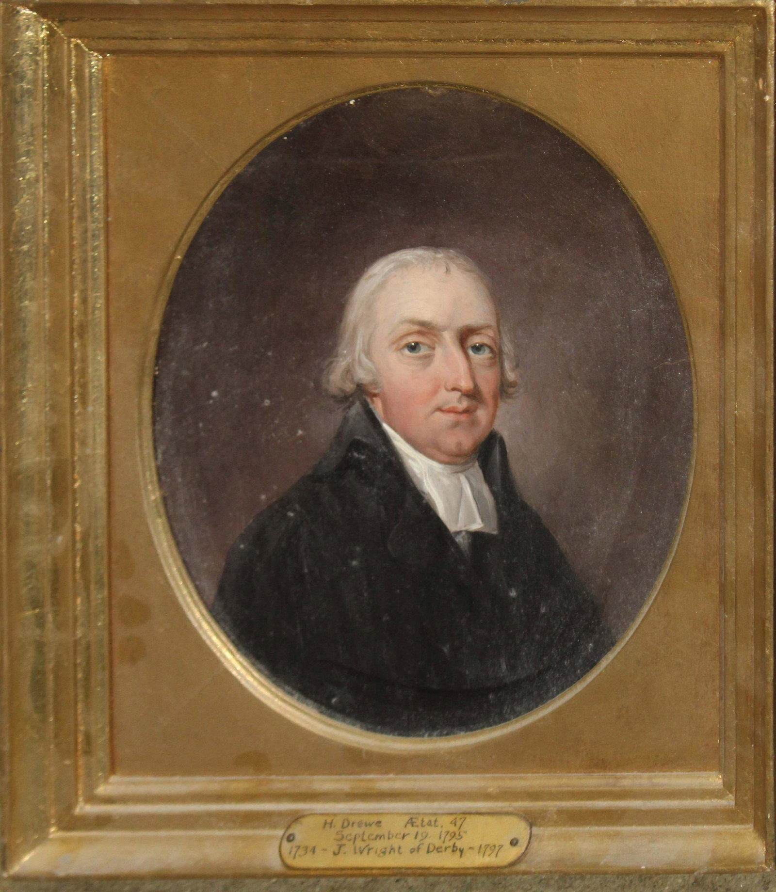 Joseph Wright of Derby (EN 1734-1795): Joseph Wright of Derby (English 1734-1795) Portrait of H Drewe Sept 19th 1795. oil on panel signed and identified in early hand on reverse 12 x 9" ex Eldred's